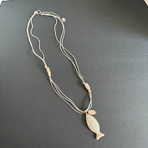 Chicos Beaded Fish 3 Strand Leather Chain Necklace Asymmetrical Silver Wood - Picture 9 of 9